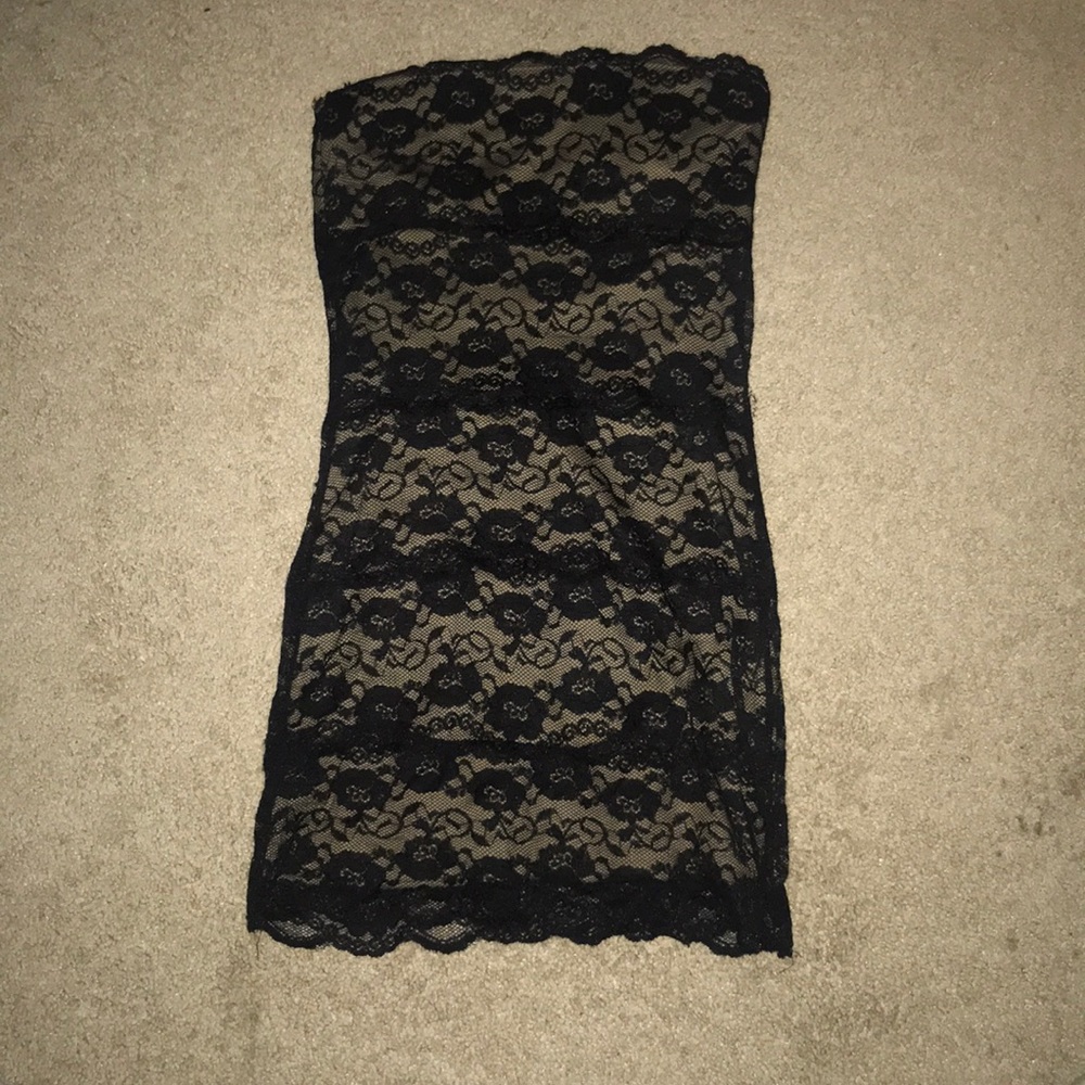 Nude Dress with Black Lace Overlay